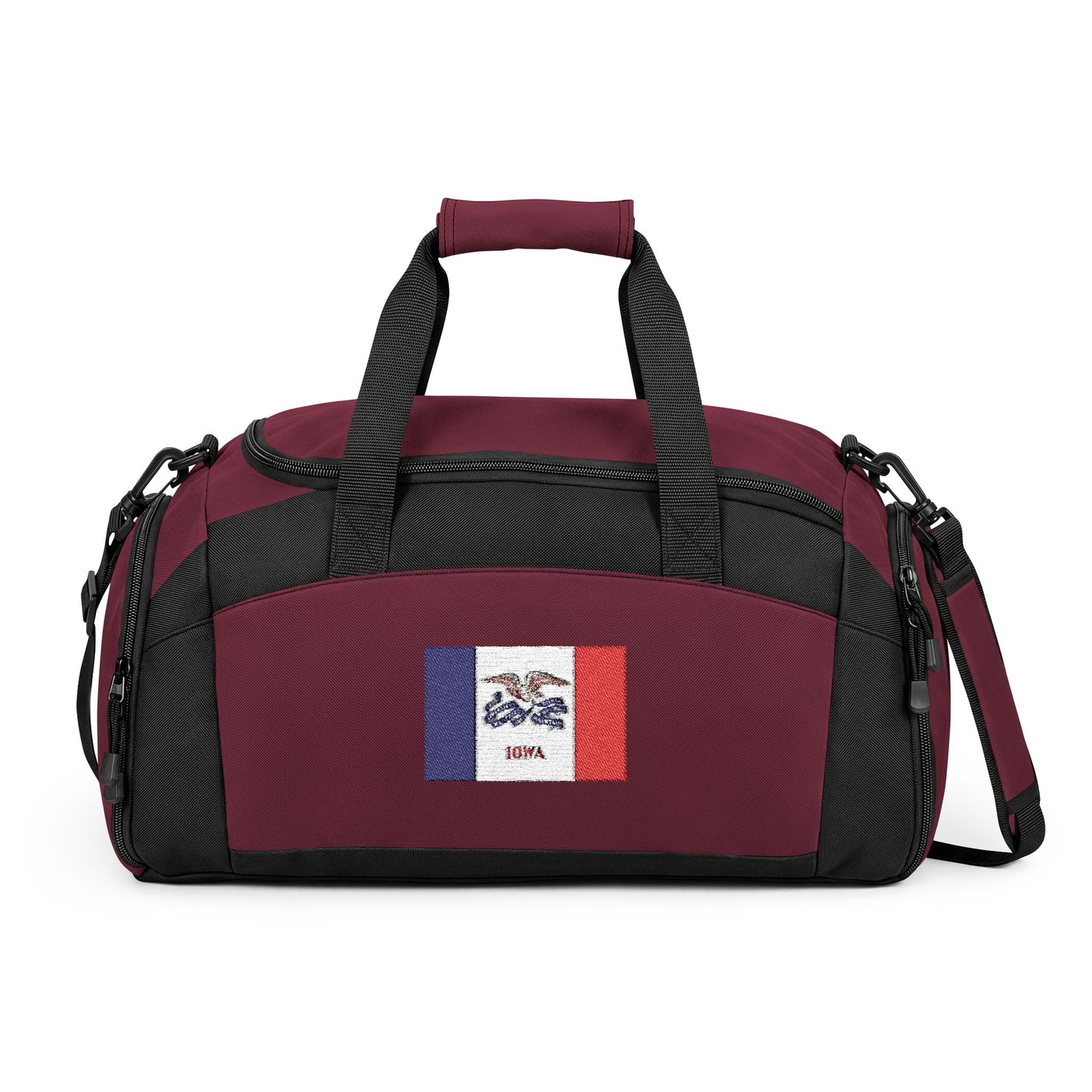 Iowa Flag Gym Bag — Black Duffle with Embroidered Iowa Flag