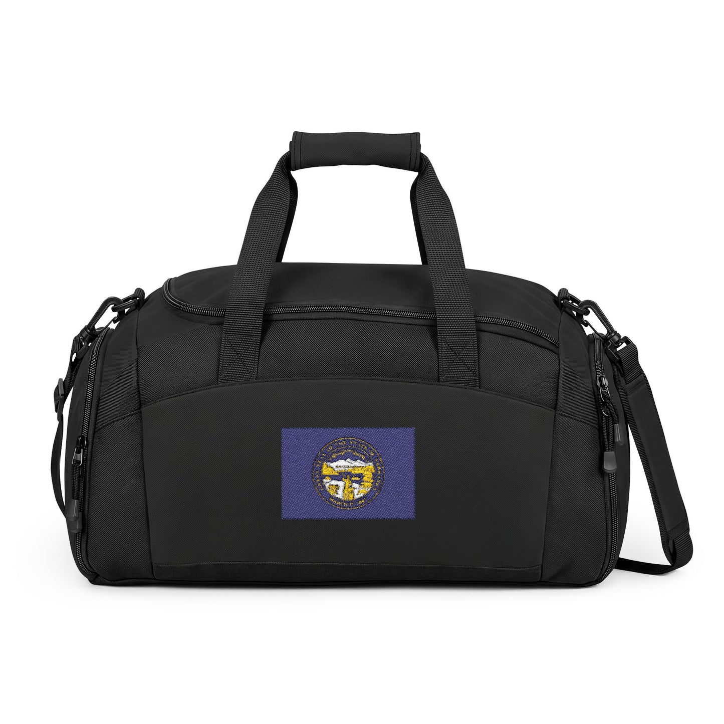 Nebraska Flag Gym Bag — Black Duffle with Embroidered Nebraska Flag