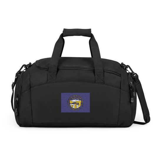 Nebraska Flag Gym Bag — Black Duffle with Embroidered Nebraska Flag