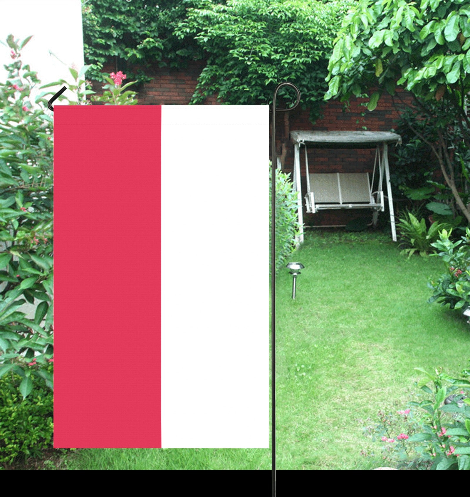 Luv My Flag garden flag with swing and greenery.