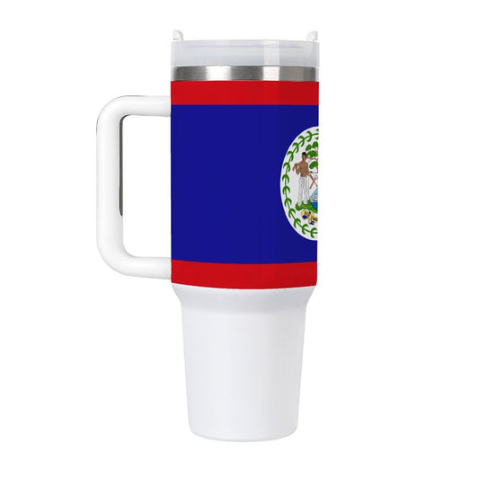 [Brand] travel mug featuring Belize flag design and handle.
