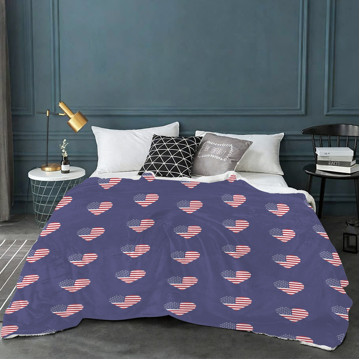 USA/American Flag Inspired Hearts Pattern Sherpa Fleece Blanket 90" x 108" | Prtinted in the USA