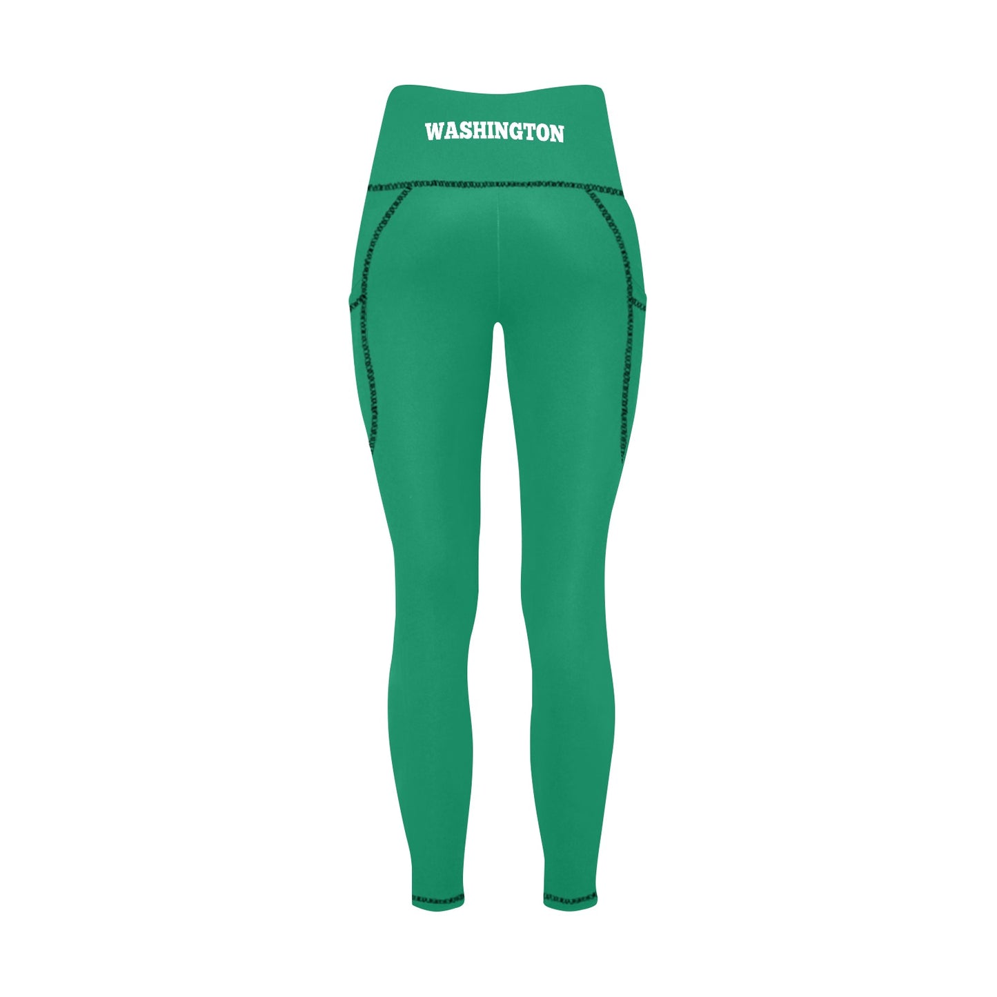 The back side of green leggings with 'WASHINGTON' text on a white background