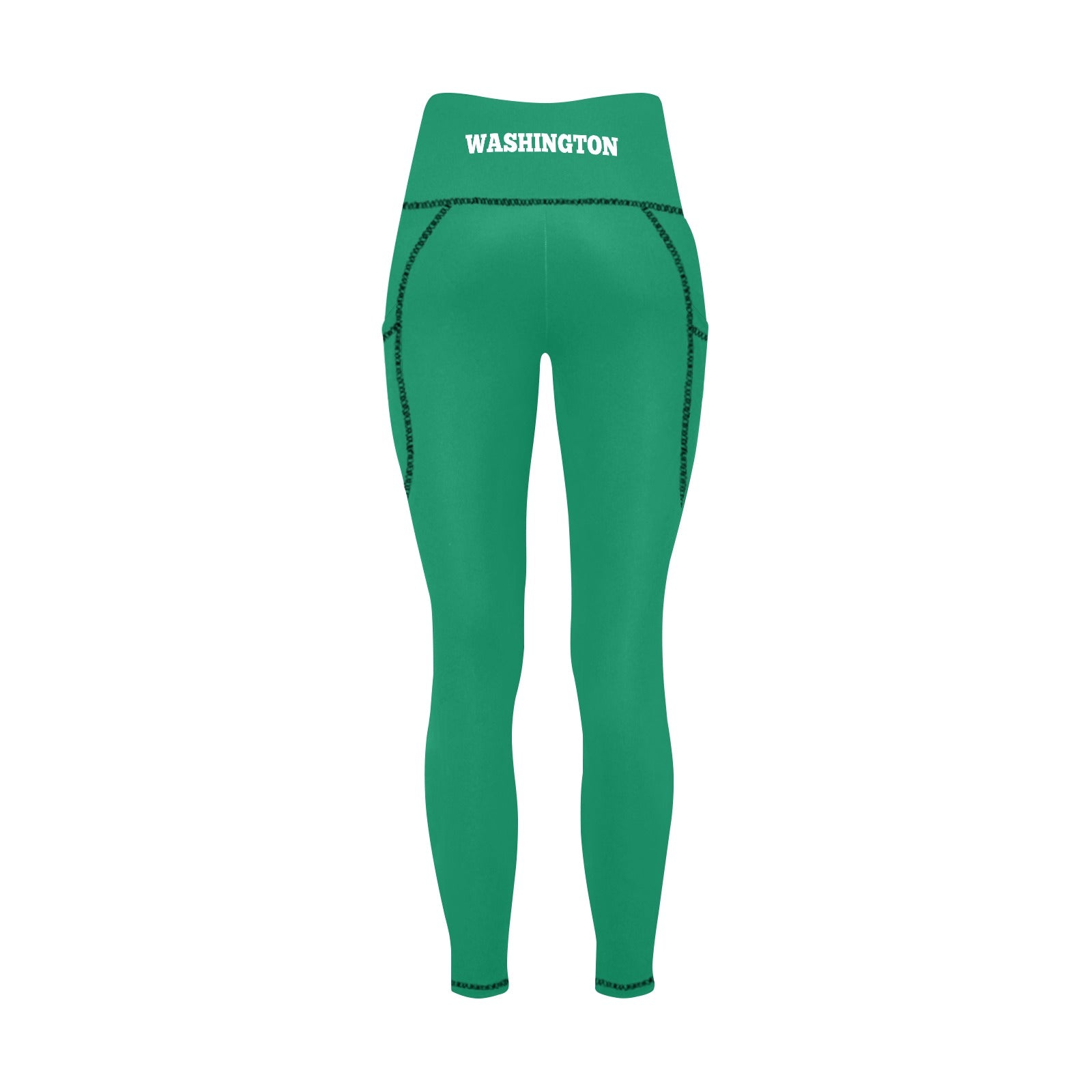 The back side of green leggings with 'WASHINGTON' text on a white background