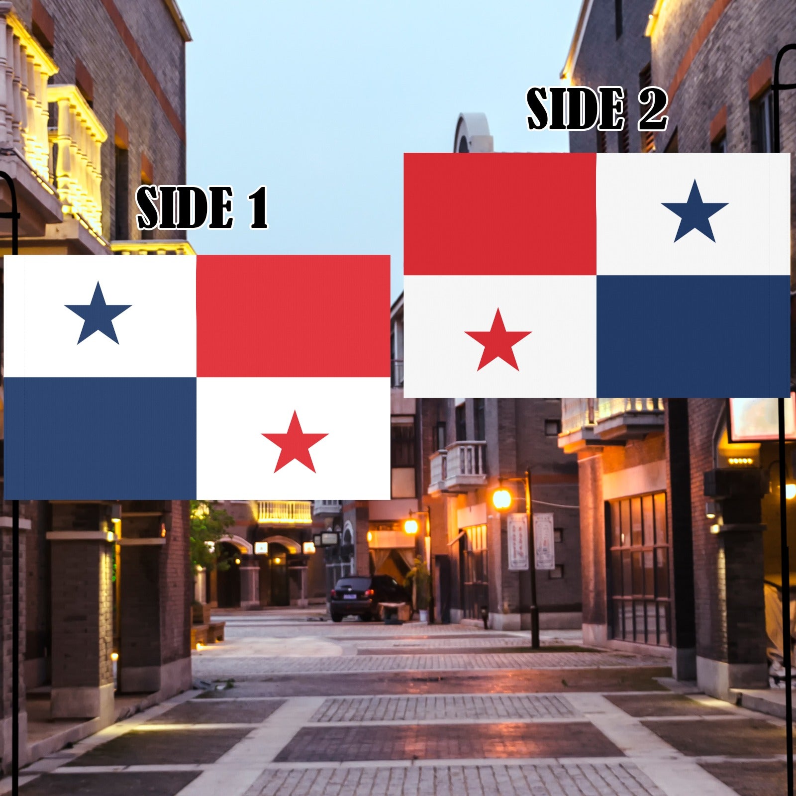 [Luv My Flag] two-sided Panamanian flag in urban street.