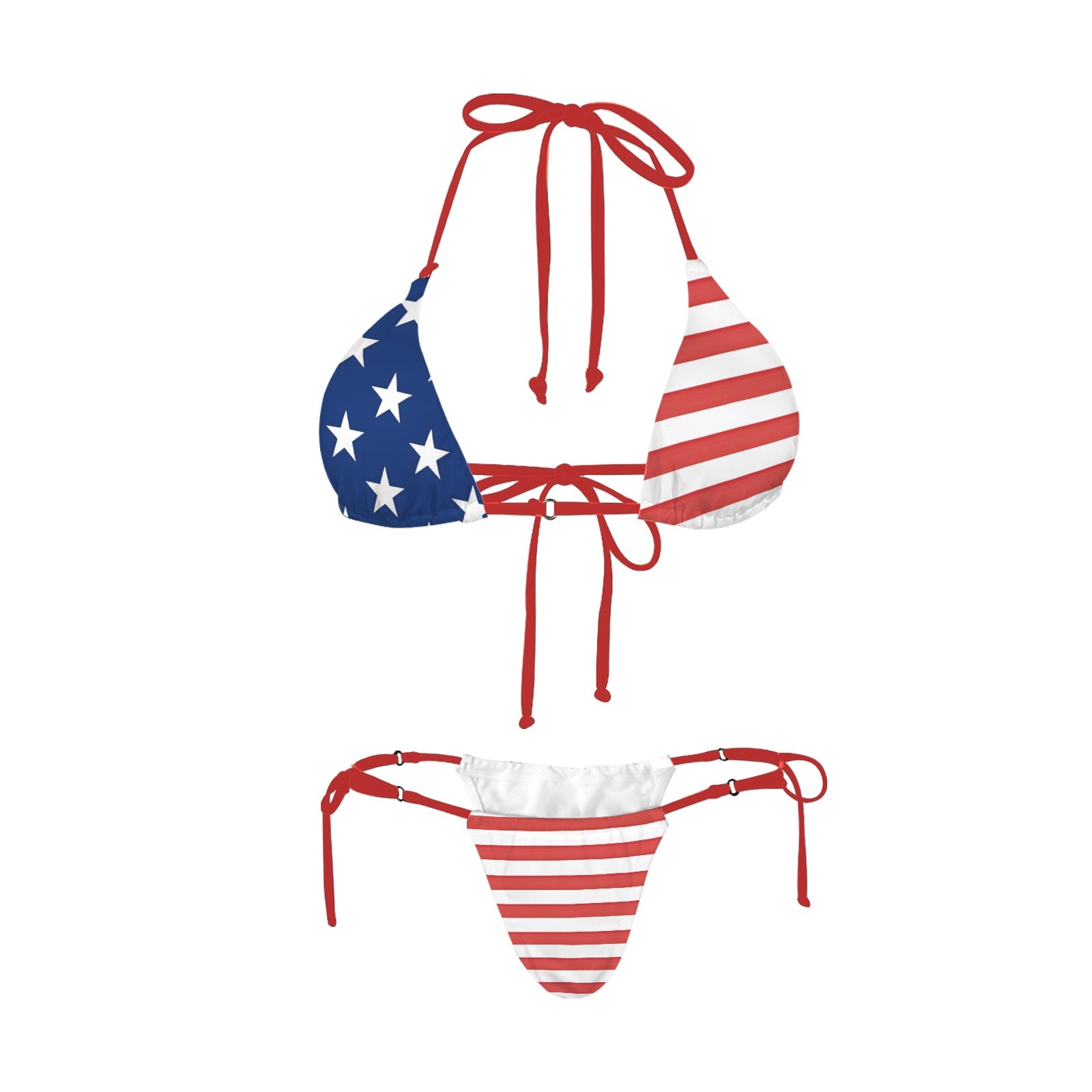 [Brand] patriotic bikini featuring stars and stripes, red straps.