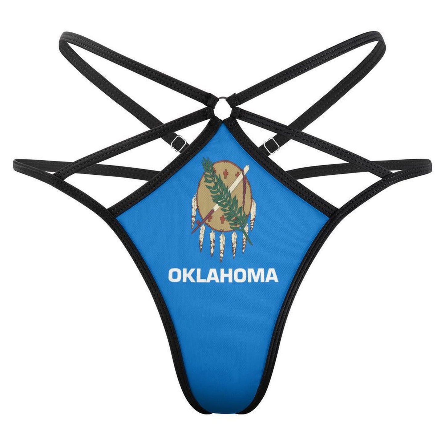 Strappy [Brand] bikini featuring Oklahoma state flag design.