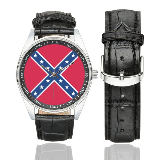 Confederate Battle Flag Men's Casual  Leather Strap Watch