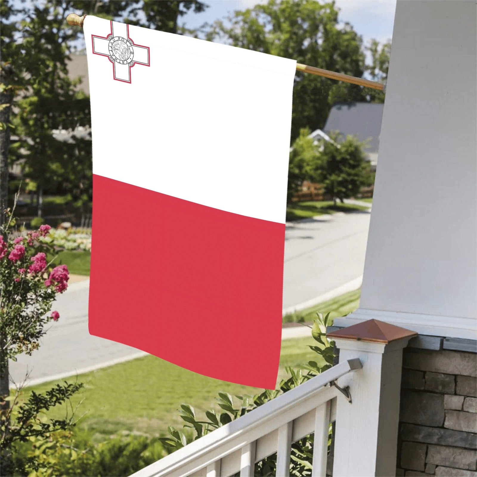[Luv My Flag] Maltese flag hanging on serene porch.