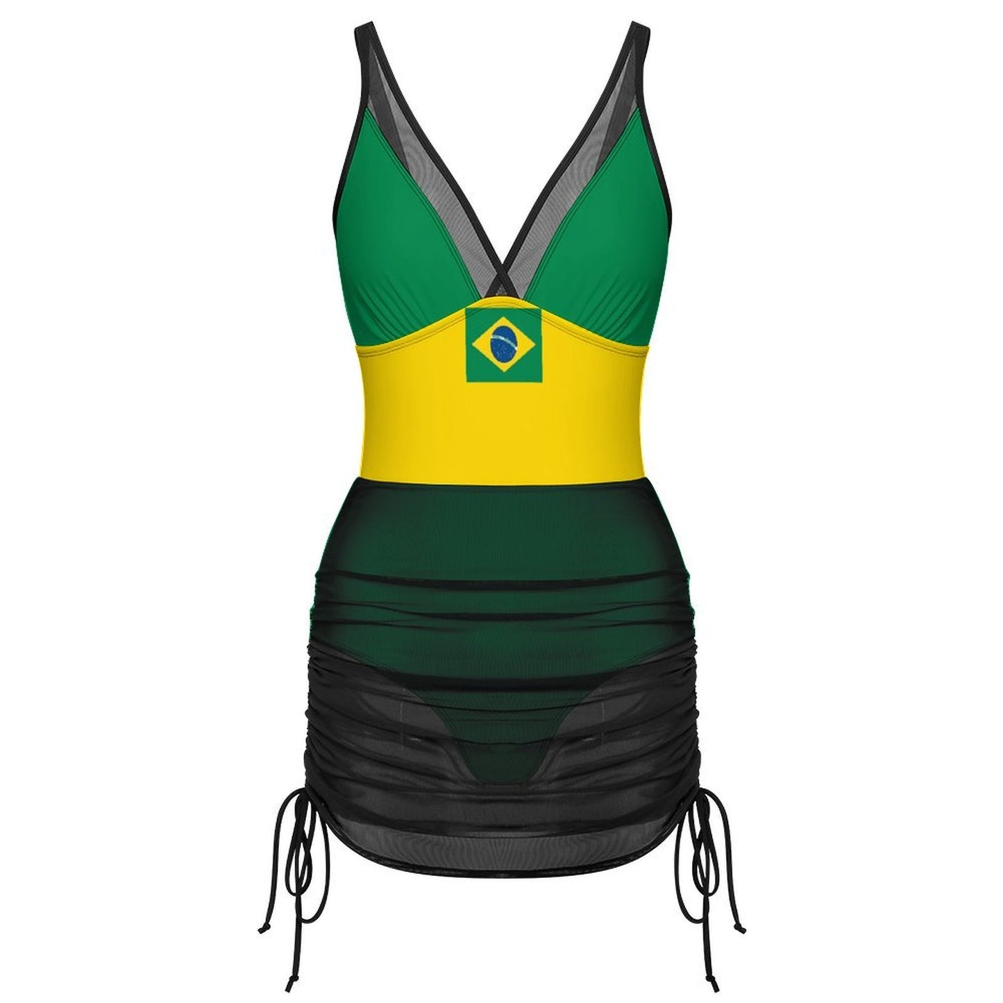 Brazil Flag Inspired Women's Mesh Plunge One-Piece Swimsuit