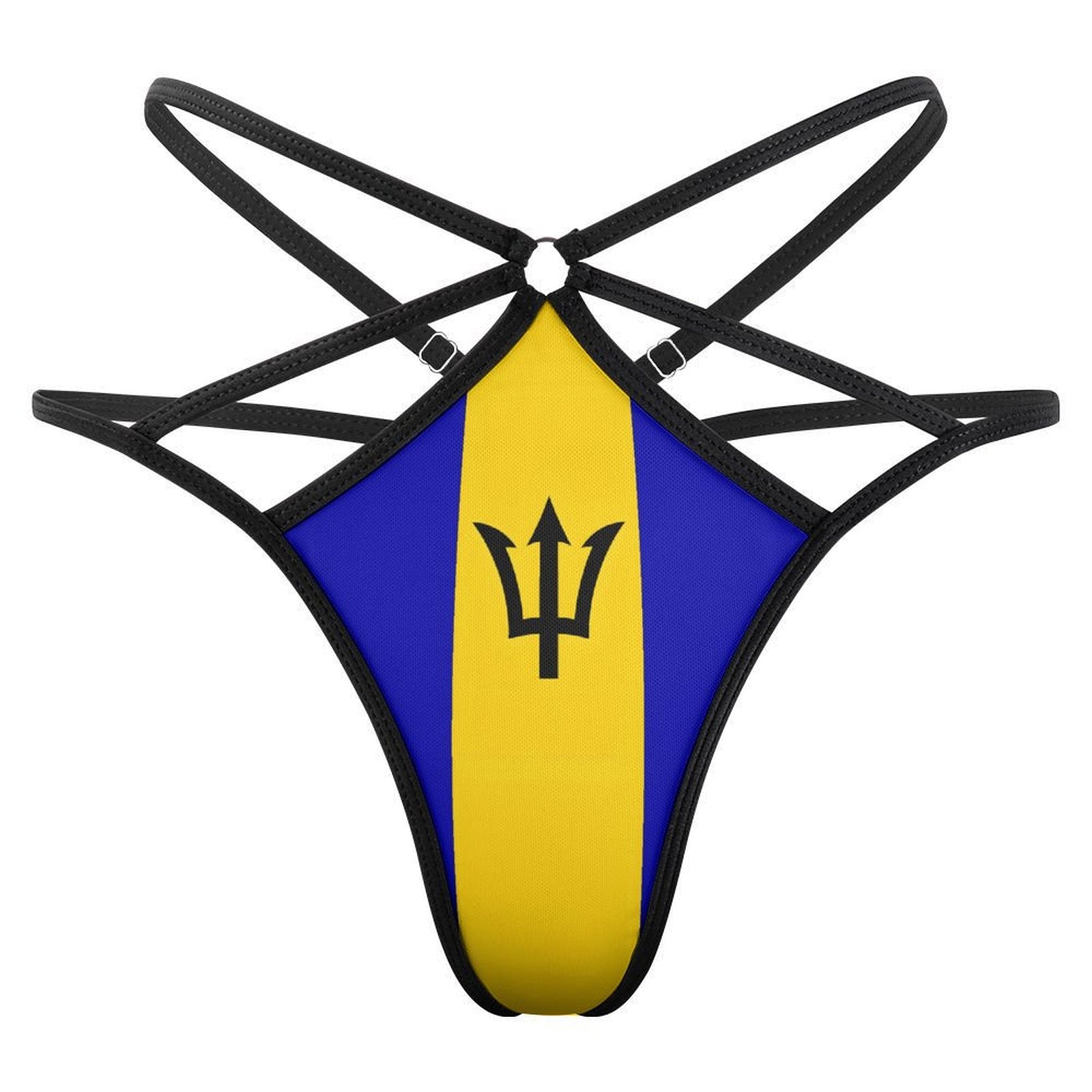 Strappy thong with Barbados flag design by [Brand].