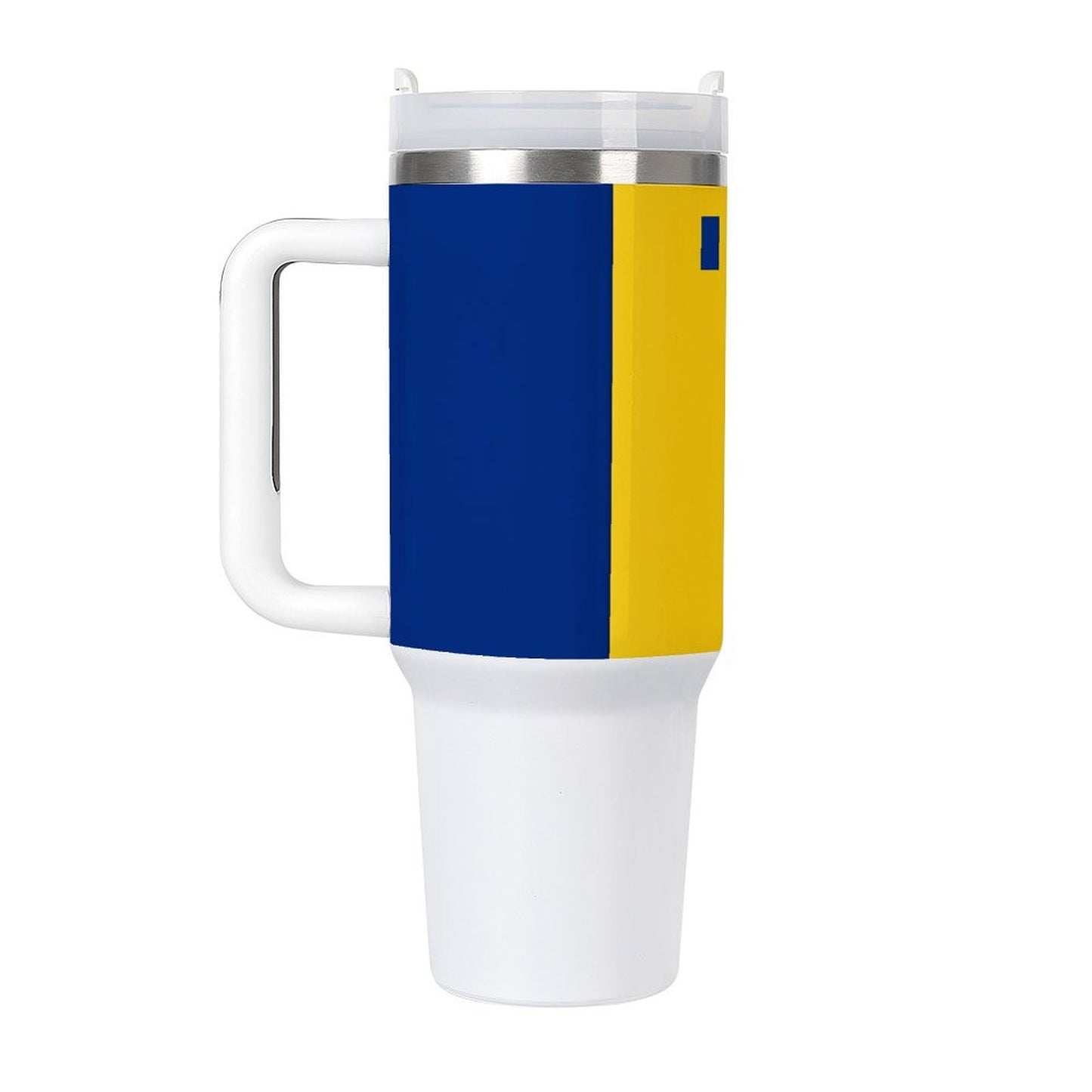 [Brand] mug with blue, yellow colors and white handle.