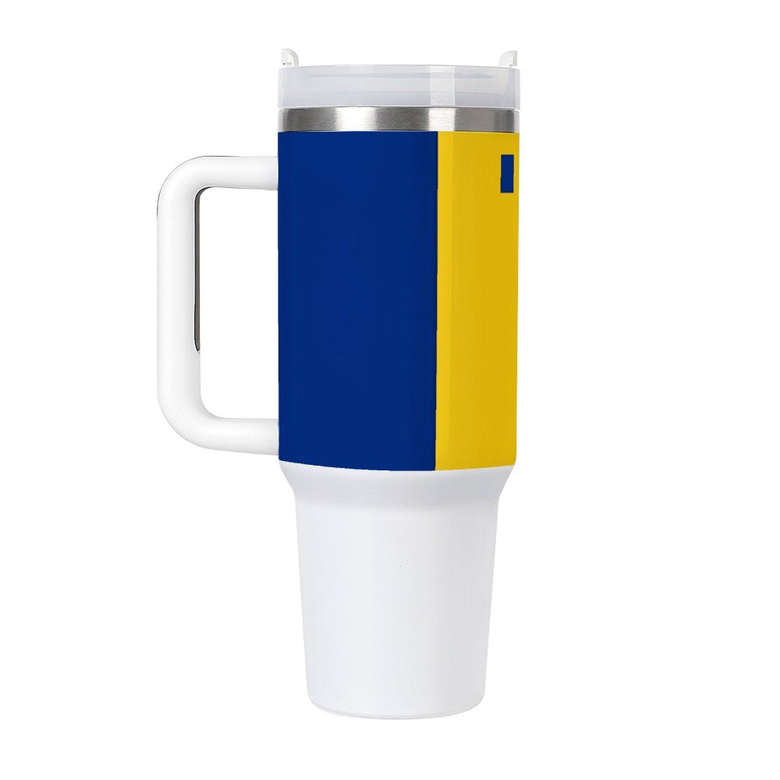 [Brand] mug with blue, yellow colors and white handle.