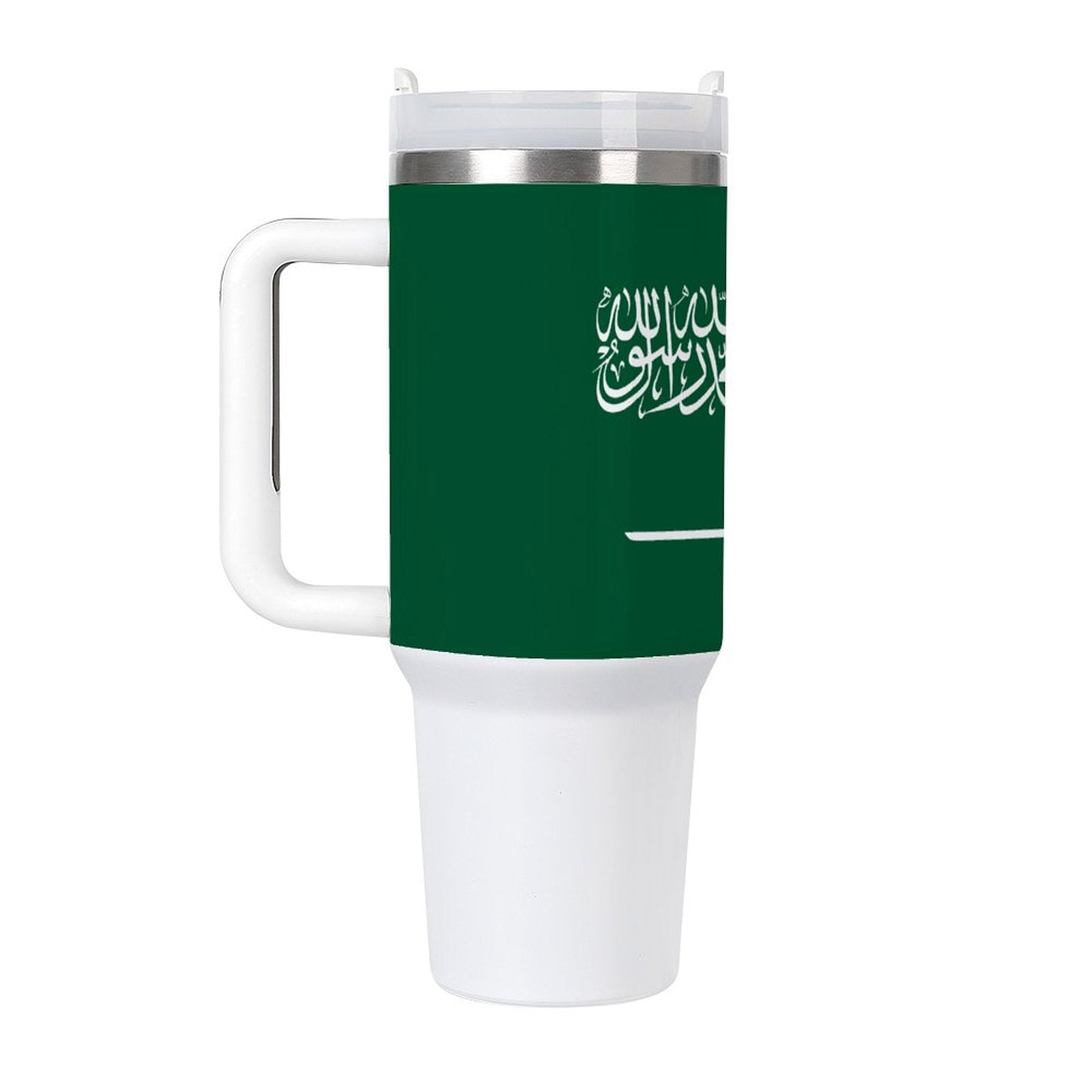 [Brand] mug featuring Saudi flag design, white and green.