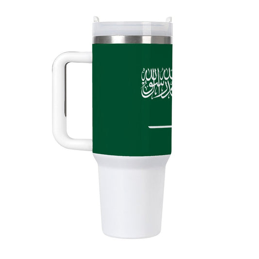[Brand] mug featuring Saudi flag design, white and green.