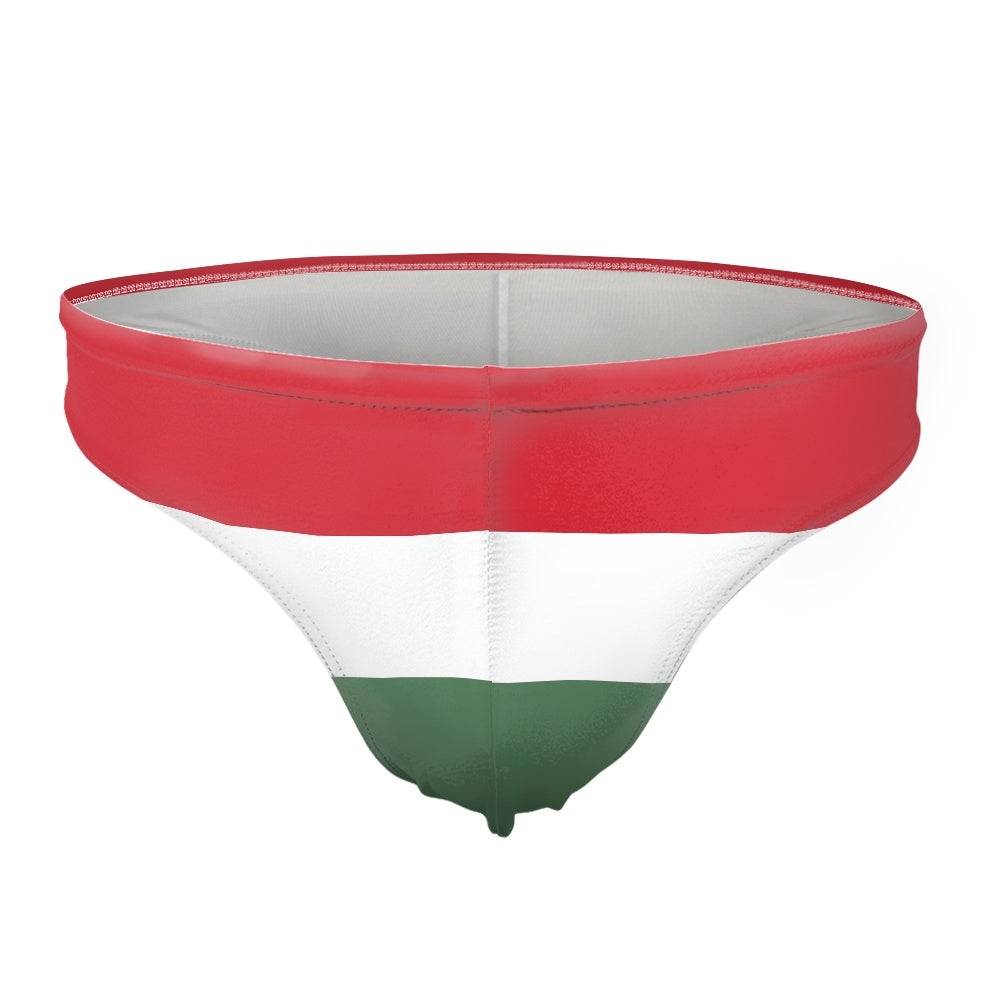 [Brand] men's brief, red-white-green tricolor design, front view.