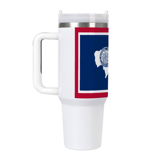 [Brand] white travel mug with Wyoming state flag design.