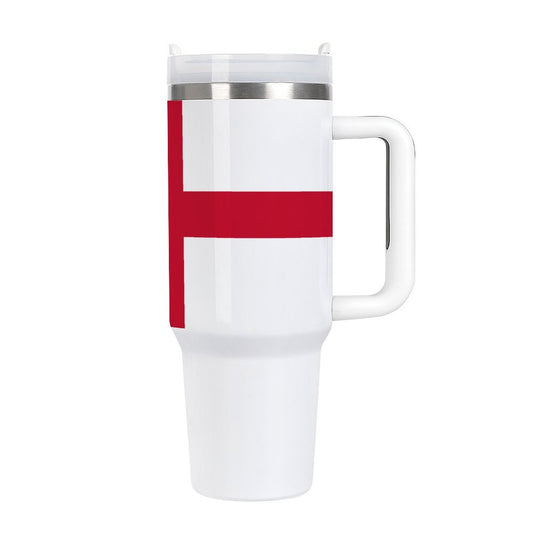 [Brand] white travel mug with red England flag design.