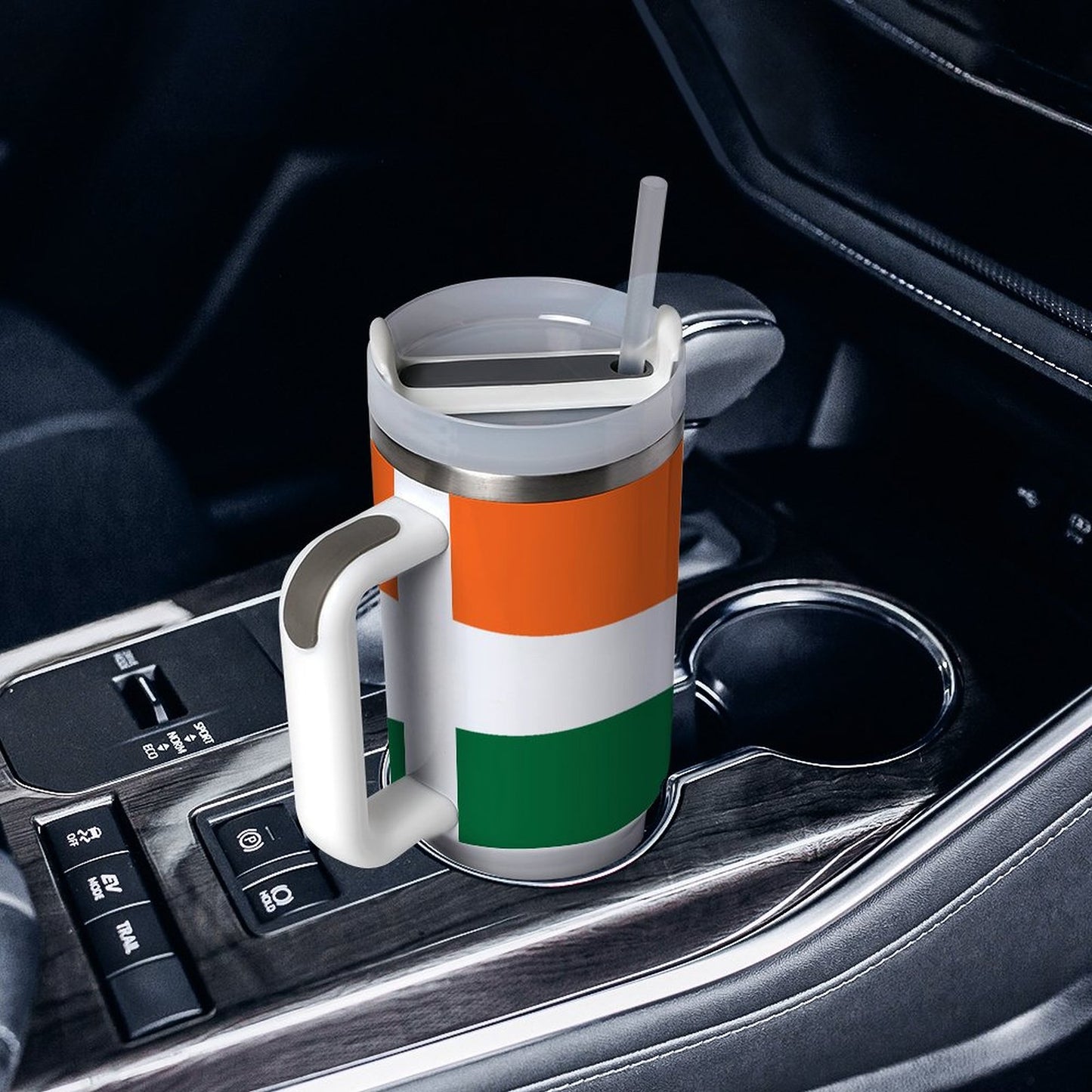 [Brand] mug with straw in car cup holder, striped.