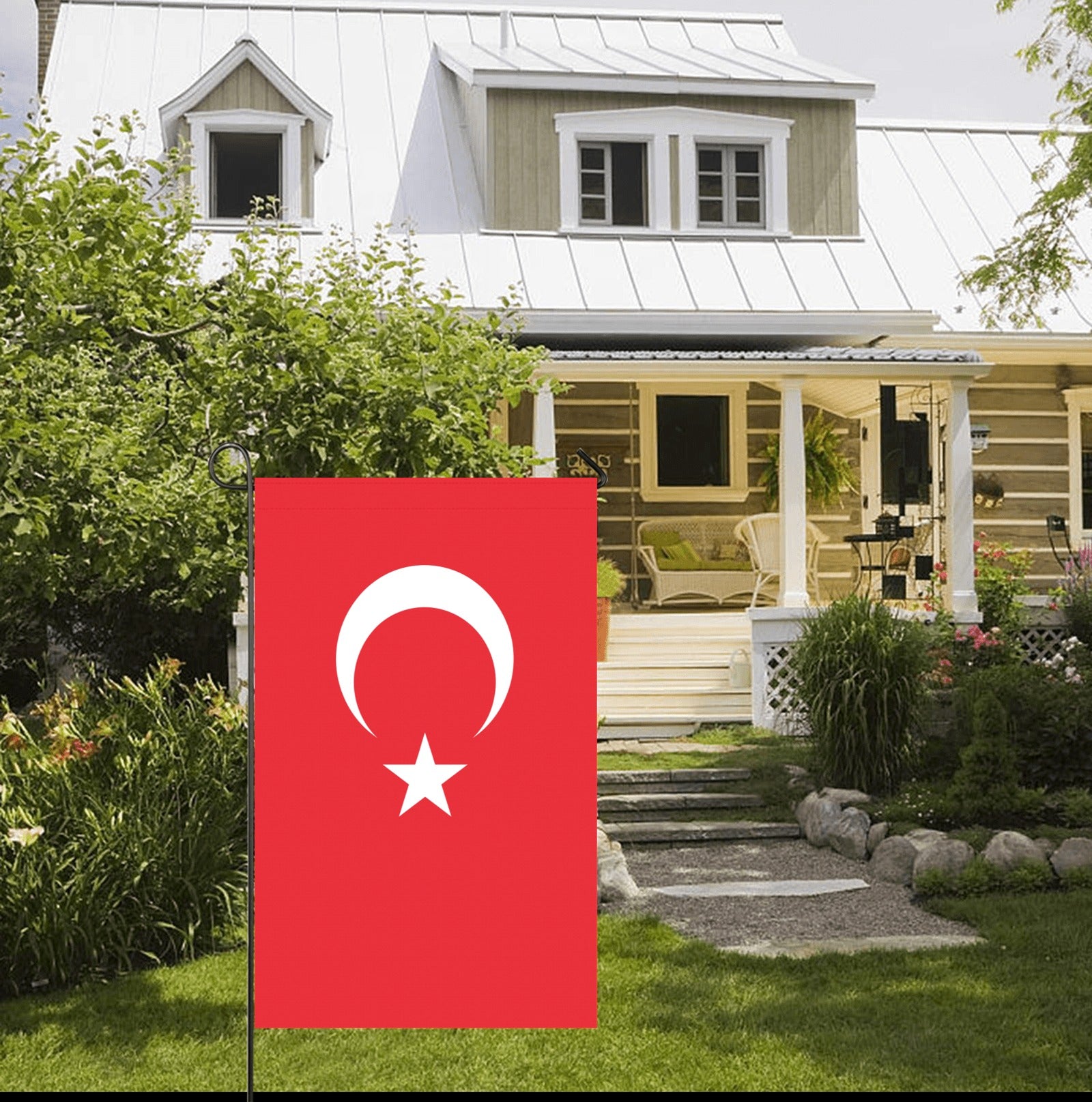 Red Turkish flag on front lawn, [Luv My Flag].