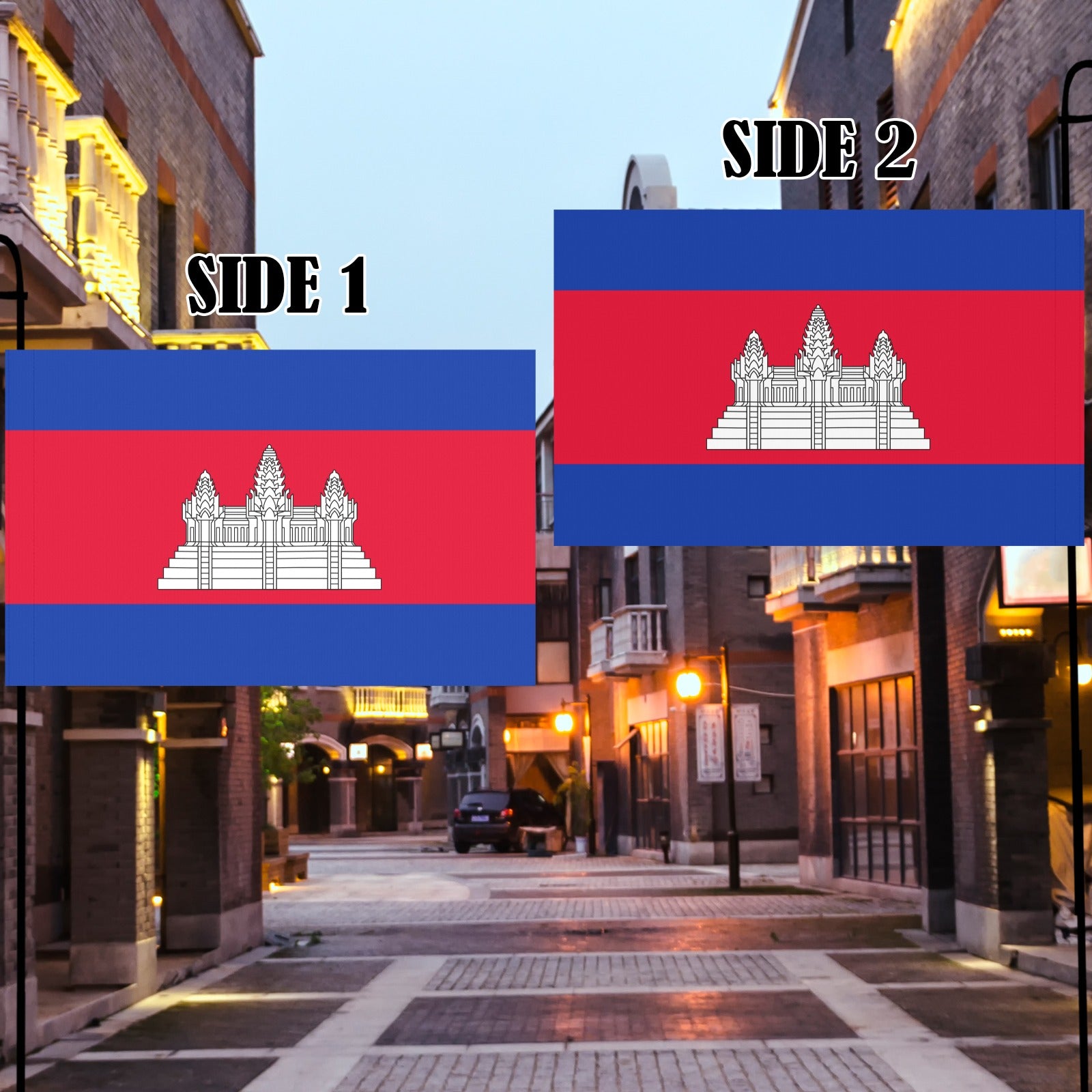 [Luv My Flag] dual-sided Cambodian flag in urban setting.