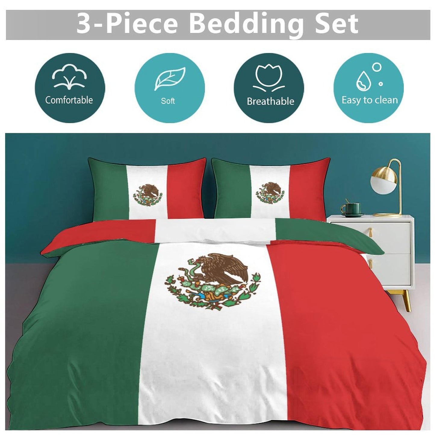 Mexico Flag Inspired 3-Piece Bedding Set (1 Duvet Cover + 2 Pillow Shams) – 102"×90"