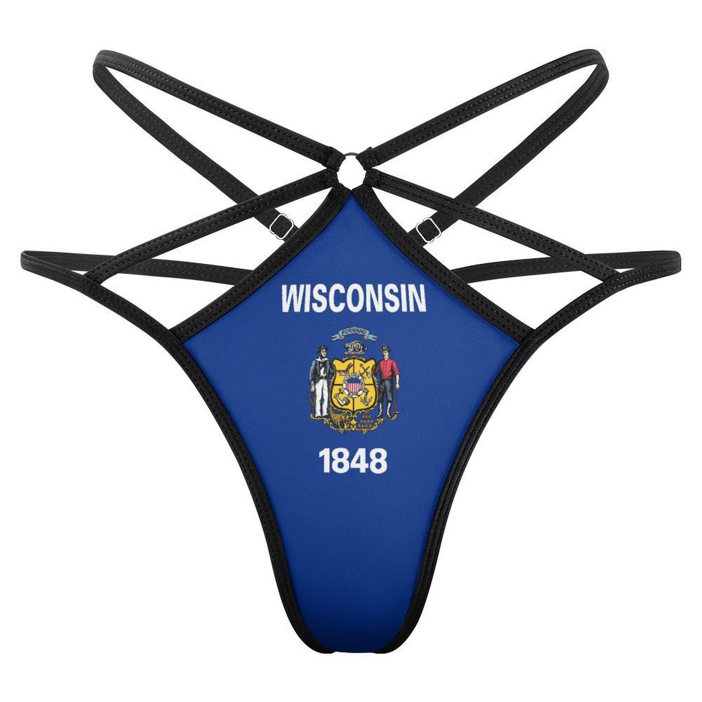 [Brand] Wisconsin-themed harness-style swimsuit bottom, blue with logo.