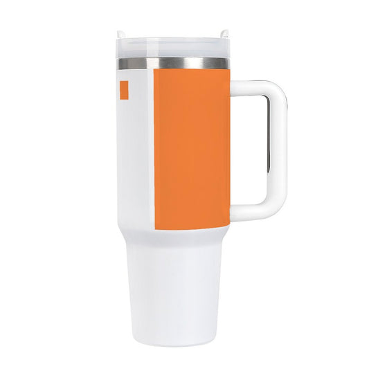 Orange and white travel mug with handle, [Brand] featured prominently.