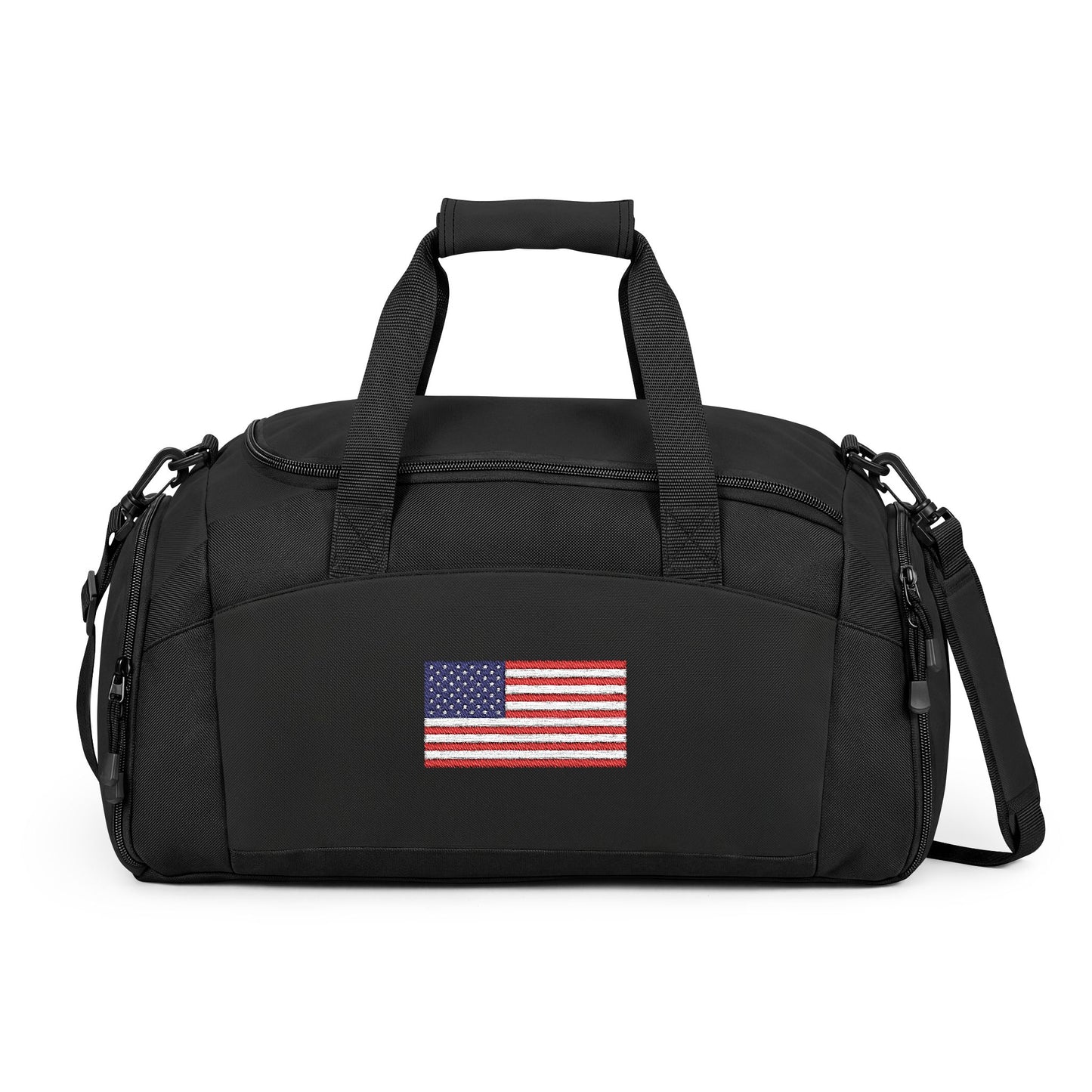USA/American Flag Gym Bag — Black Duffle with Embroidered USA Flag