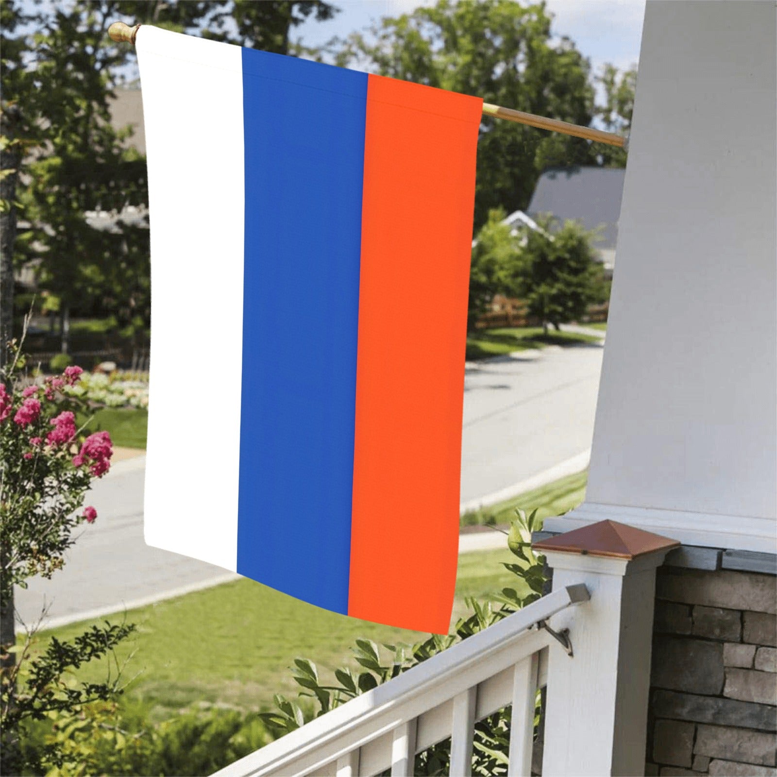 [Luv My Flag] Russian flag displayed on a sunny porch.