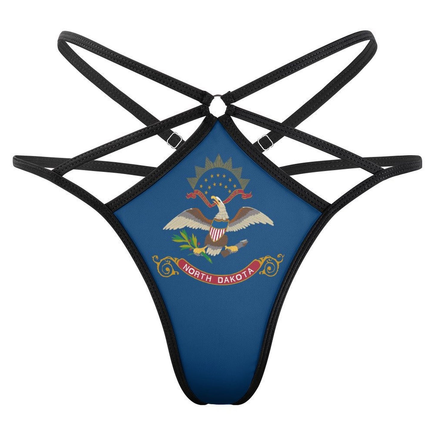 Black strappy thong featuring North Dakota flag design. [Brand]