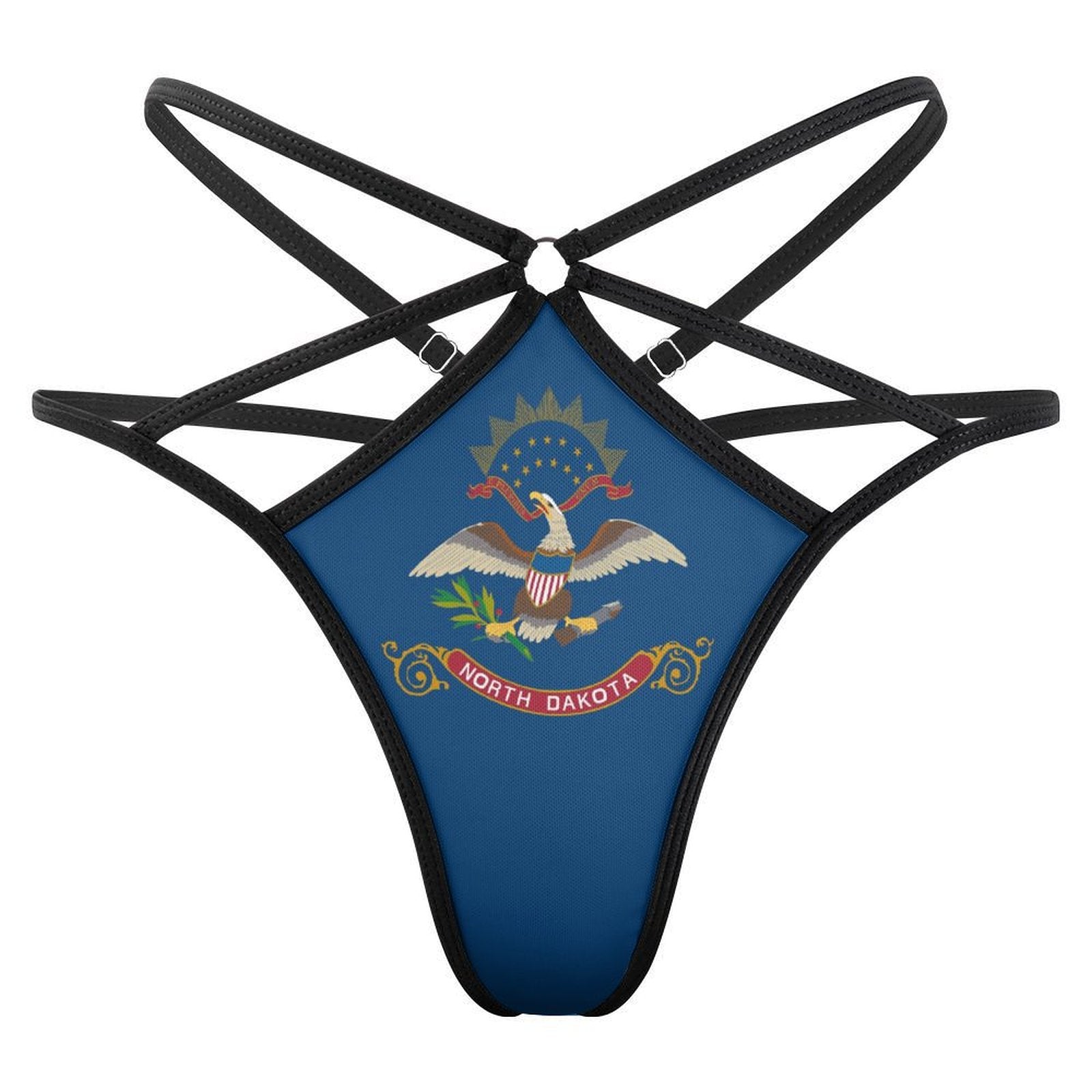 Black strappy thong featuring North Dakota flag design. [Brand]