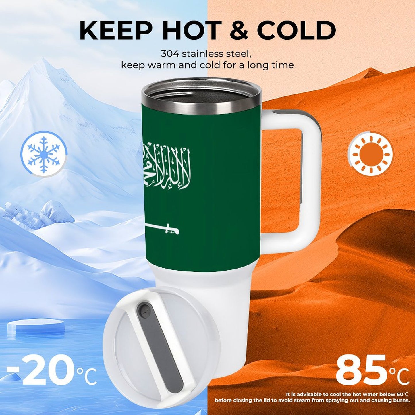 [Brand] thermos keeps drinks hot or cold, snowy background.