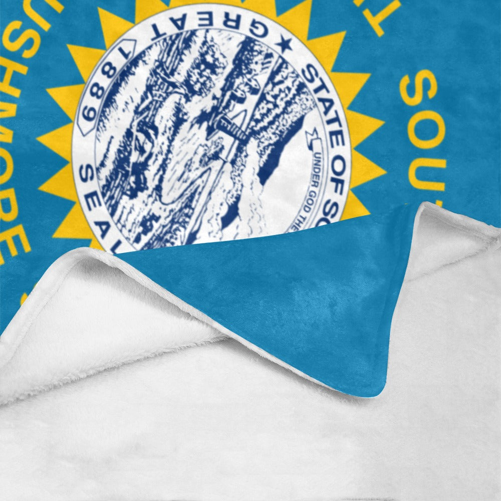 Blue and white fleece blanket featuring South Dakota design. [Luv My Flag]