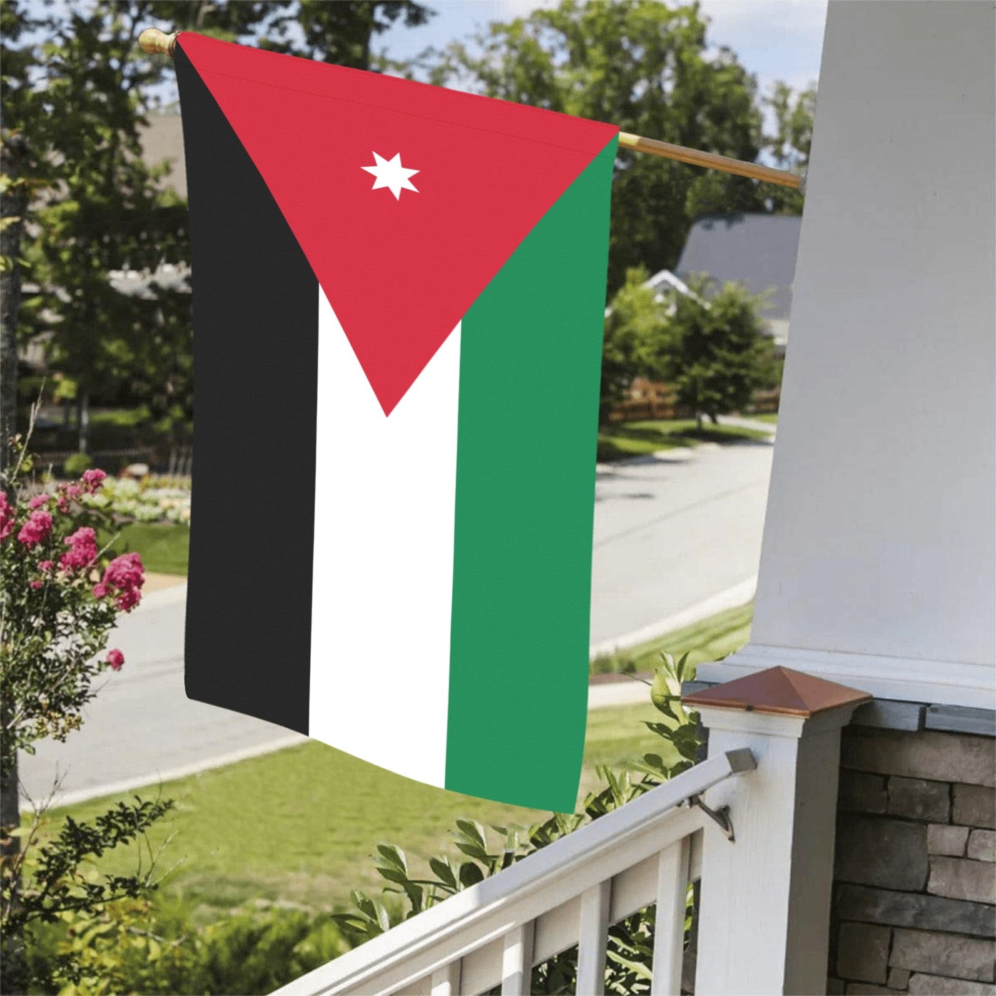 Jordan flag displayed outdoors on porch; Luv My Flag.