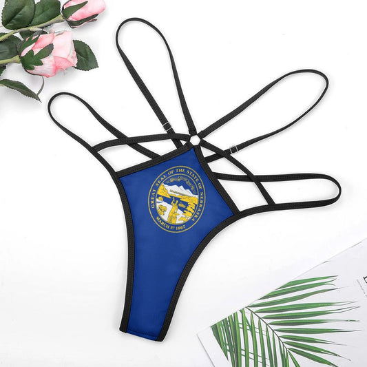 Black strap thong with Nebraska seal by [Brand]. Floral decor.
