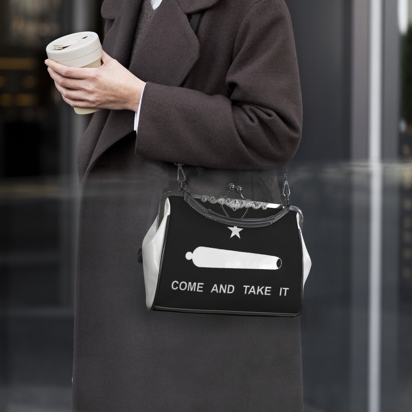 Come and Take It Flag Inspired Kisslock Crossbody Shoulder Bag