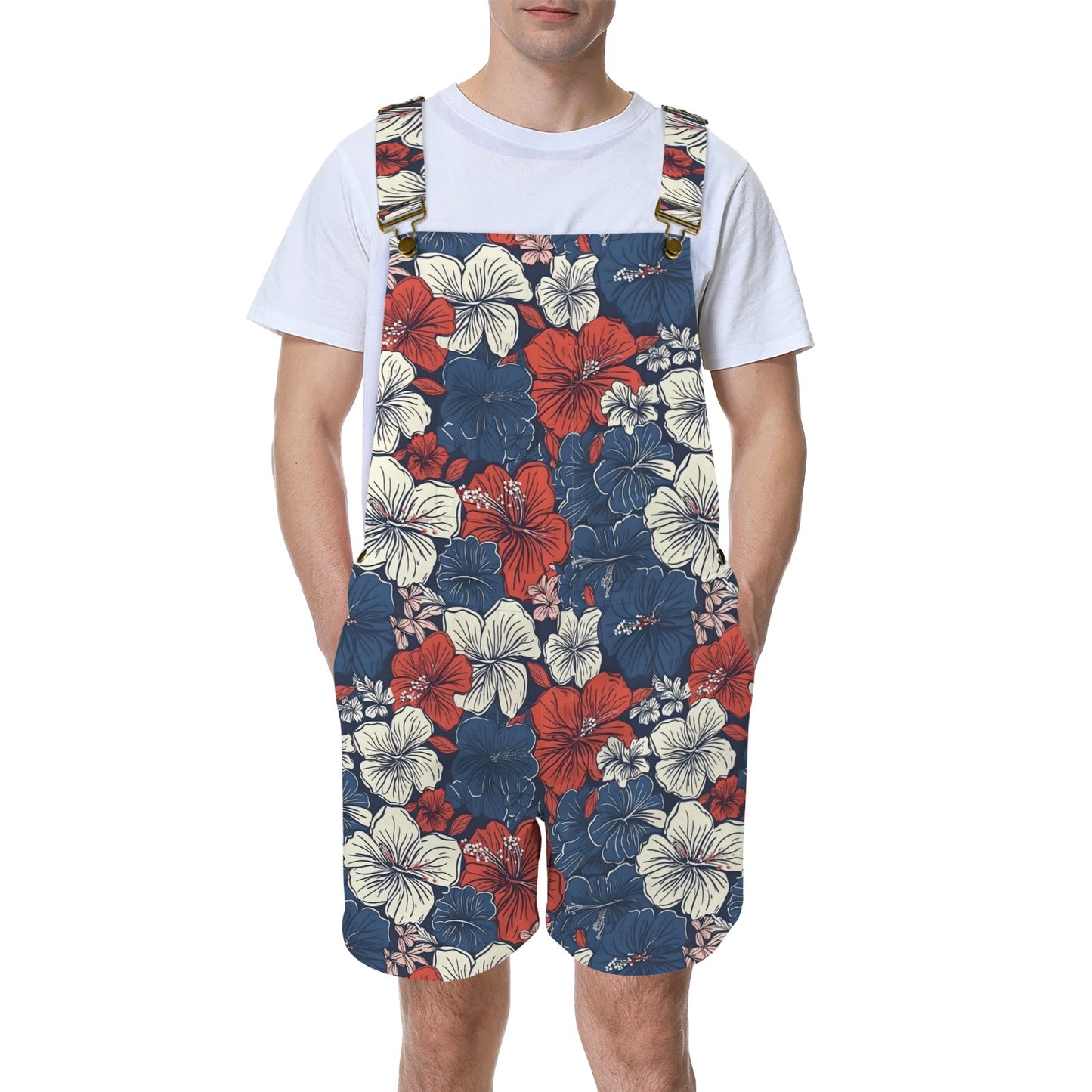 USA/American Flag Inspired Hawaiian Floral Pattern Unisex Suspender Jumpsuit