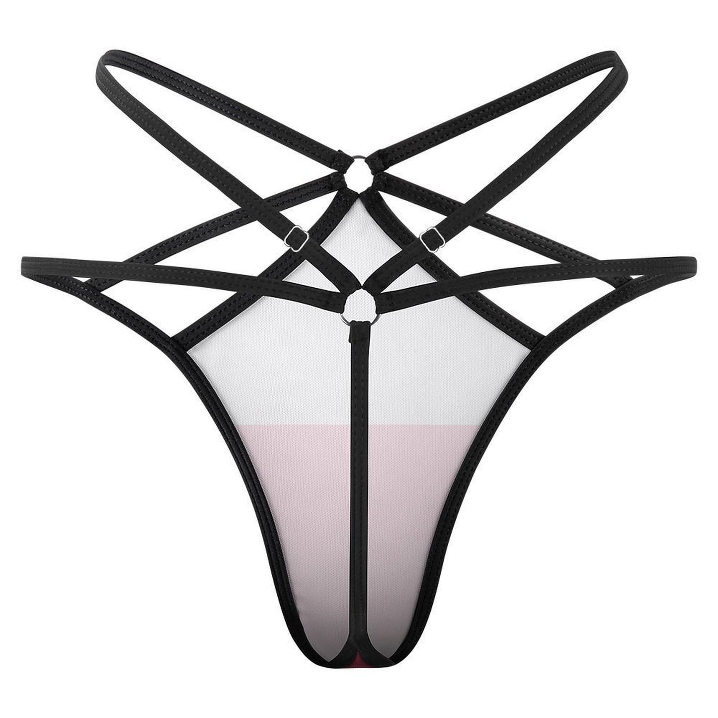 Strappy black harness lingerie by [Brand] with geometric design.