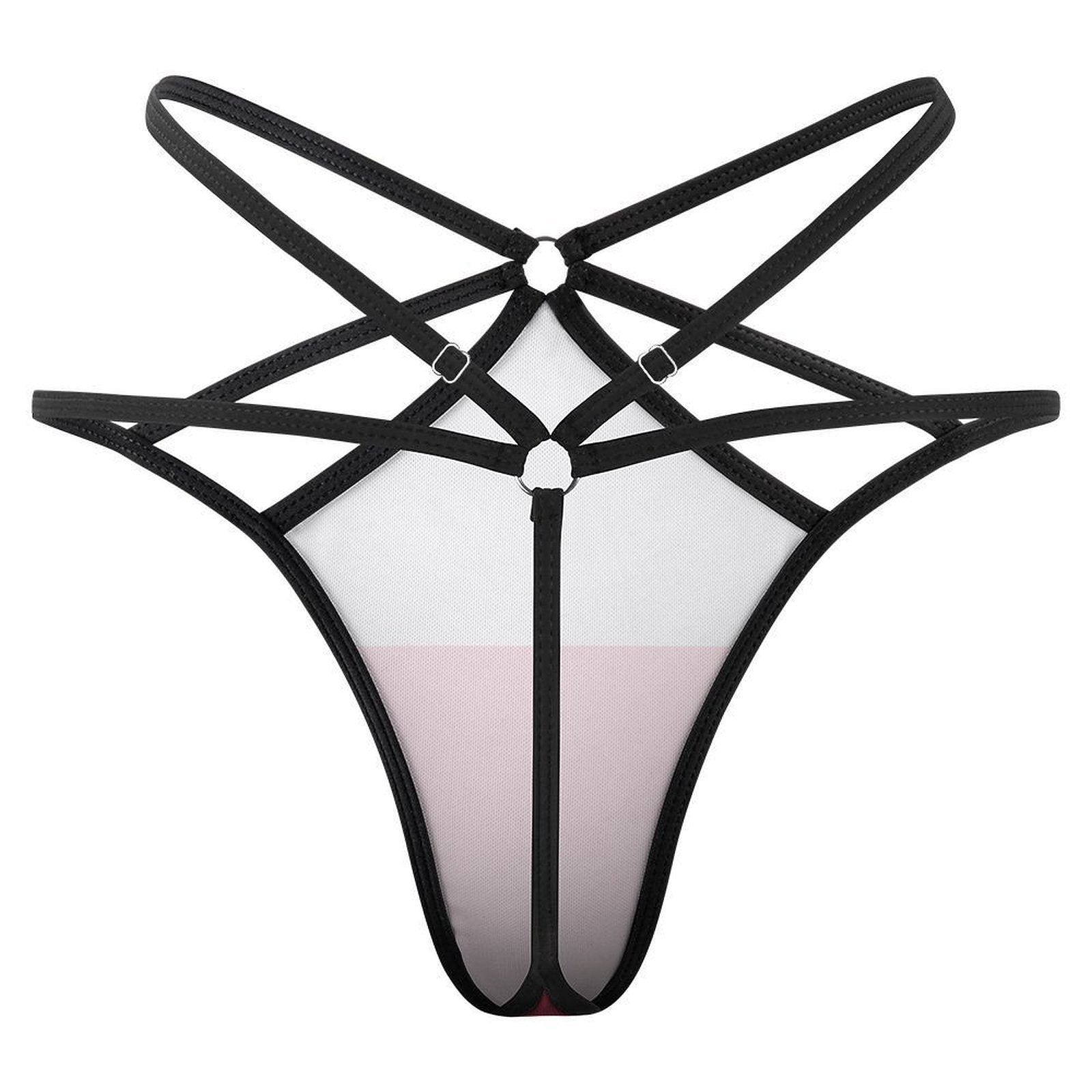Strappy black harness lingerie by [Brand] with geometric design.