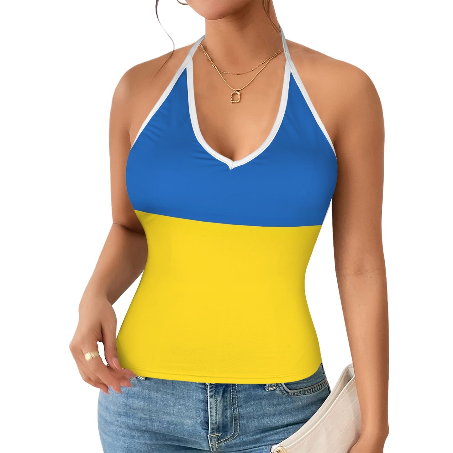 Ukraine Flag Inspired Custom V-neck Halter Open Back Tank Top