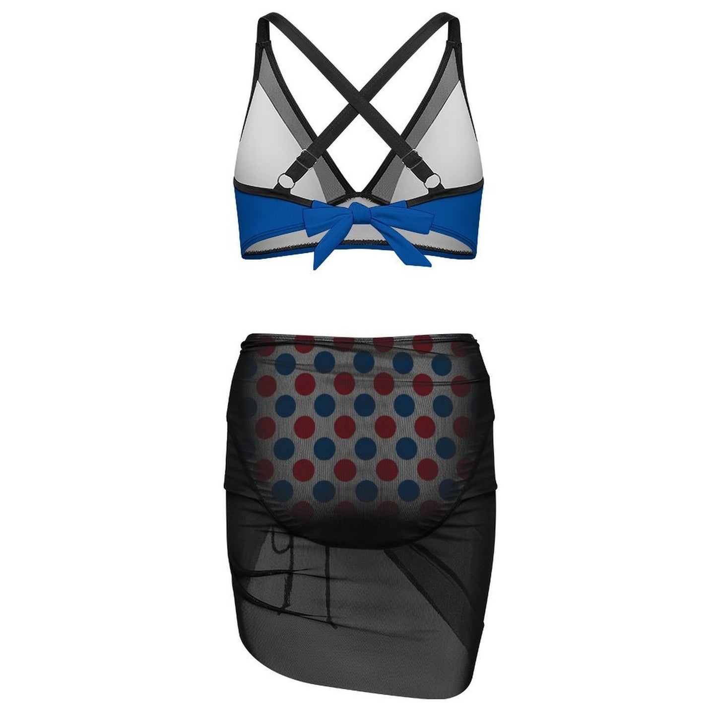 USA/American Flag Inspired Polka Dot Pattern Women's Mesh Drawstring Skirt and Swimsuit Set