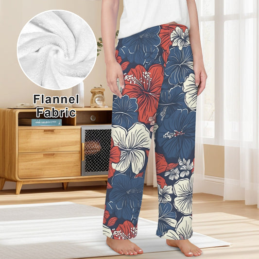 USA/American Flag Inspired Hawaiian Floral Pattern Women's Flannel Pajama Trousers Made in the USA