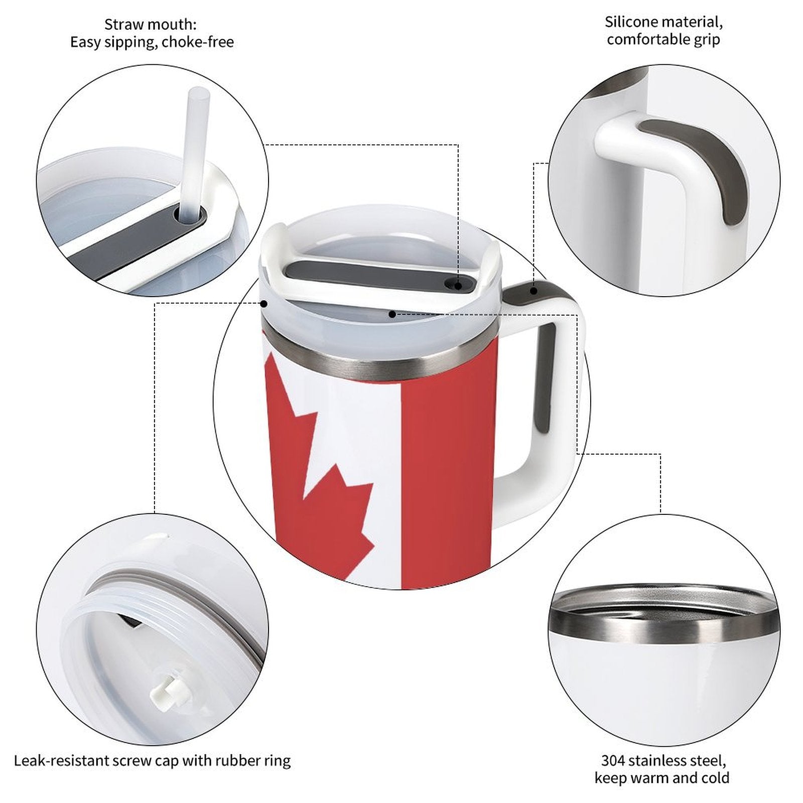 [Brand] mug showing features: straw, silicone grip, leak-resistant.
