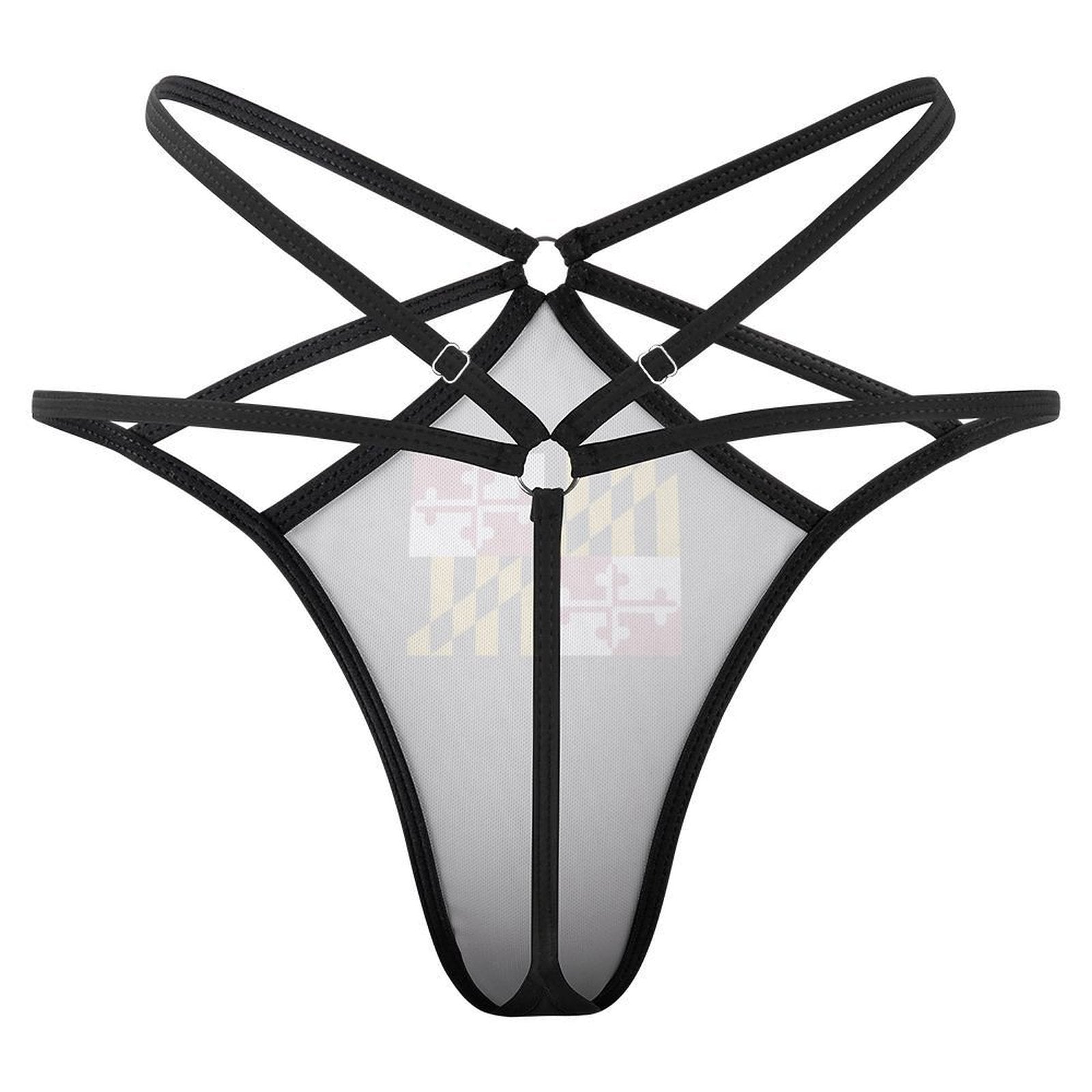Black strappy bodysuit by [Brand] with geometric design.