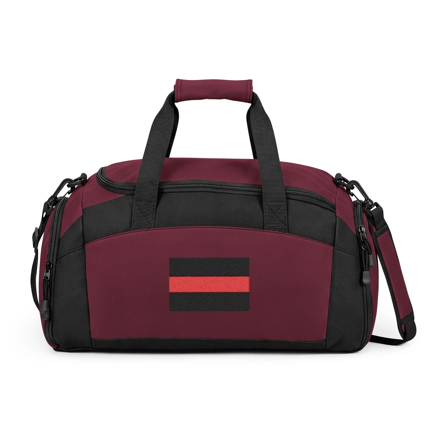 Thin Red Line Flag Gym Bag — Black Duffle with Embroidered Thin Red Line Flag (Style-2)