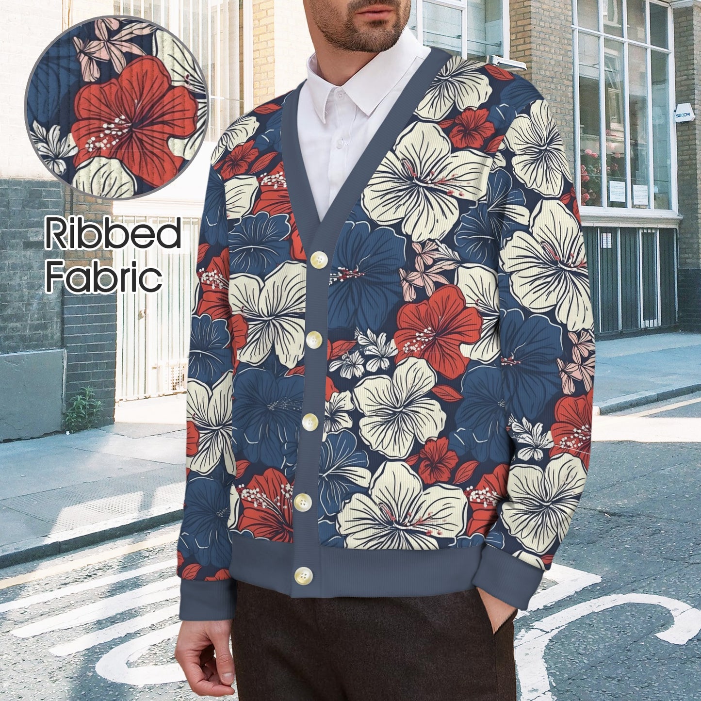 USA/American Flag Inspired Hawaiian Floral Pattern Men's Cardigan