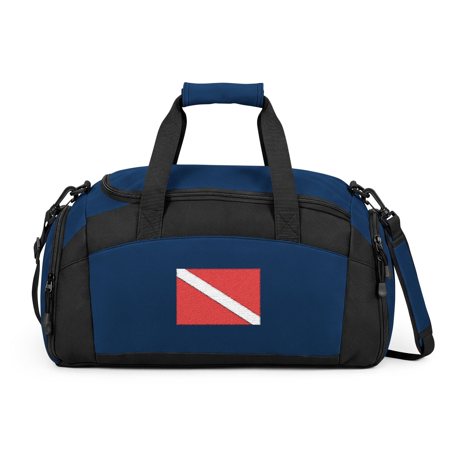 Diver Down Flag Gym Bag — Black Duffle with Embroidered Diver Down Flag
