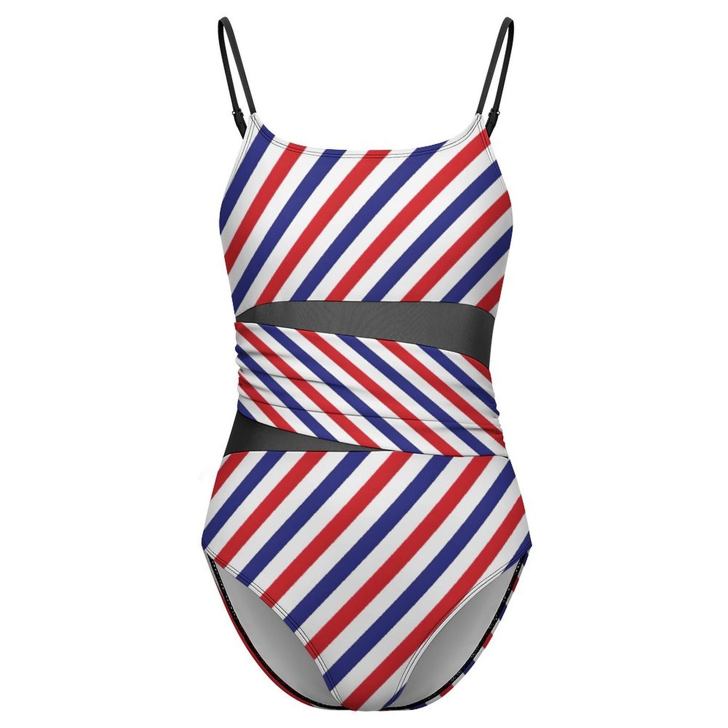 USA/American Flag Inspired Striped Pattern Women's Square Neck Mesh Spliced One Piece Swimsuit