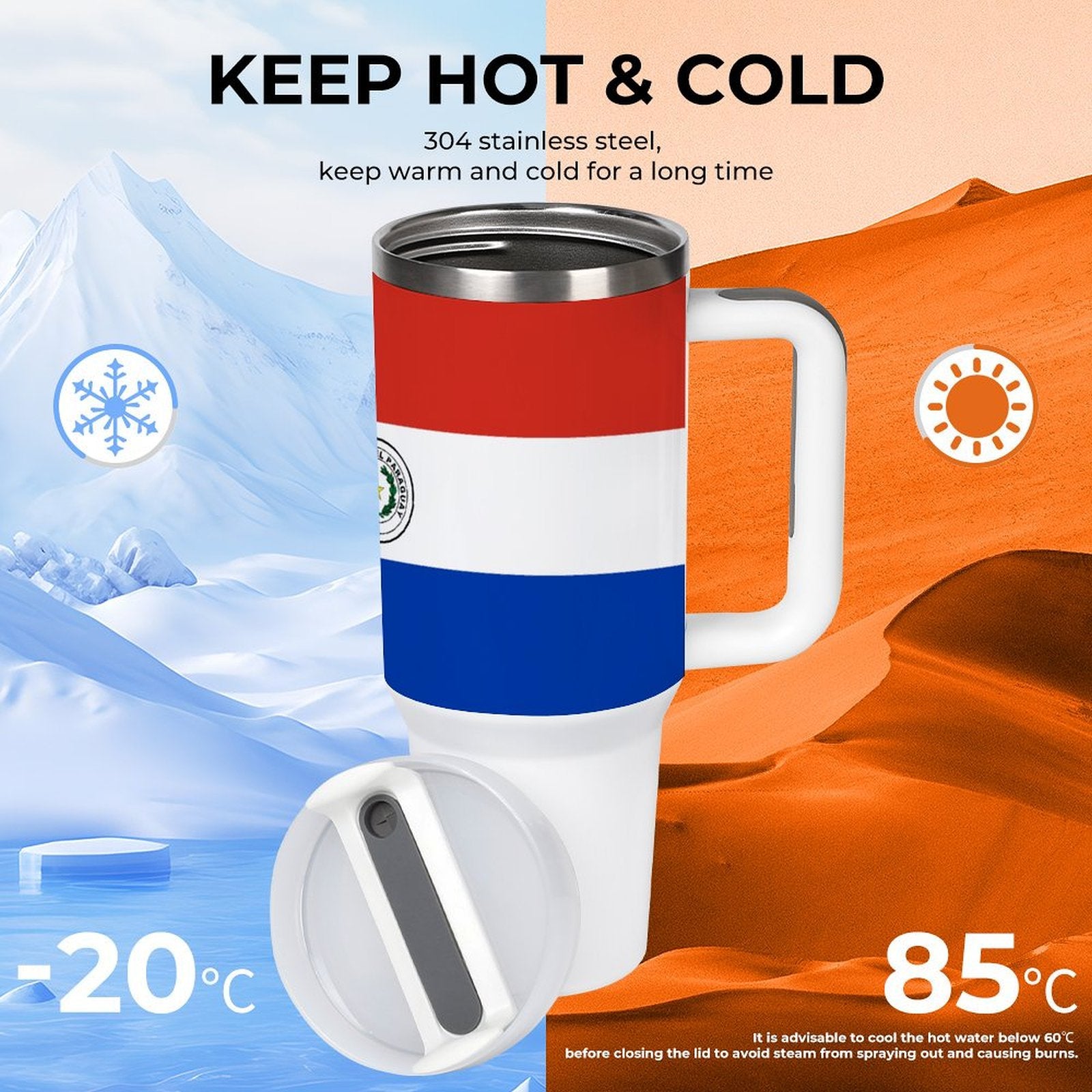 [Brand] travel mug, keeps beverages hot or cold efficiently.